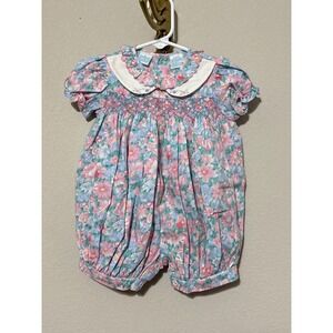 Vintage Bright Future Romper Baby Girl 6-9M Pink Blue Floral Smocked Bubble
